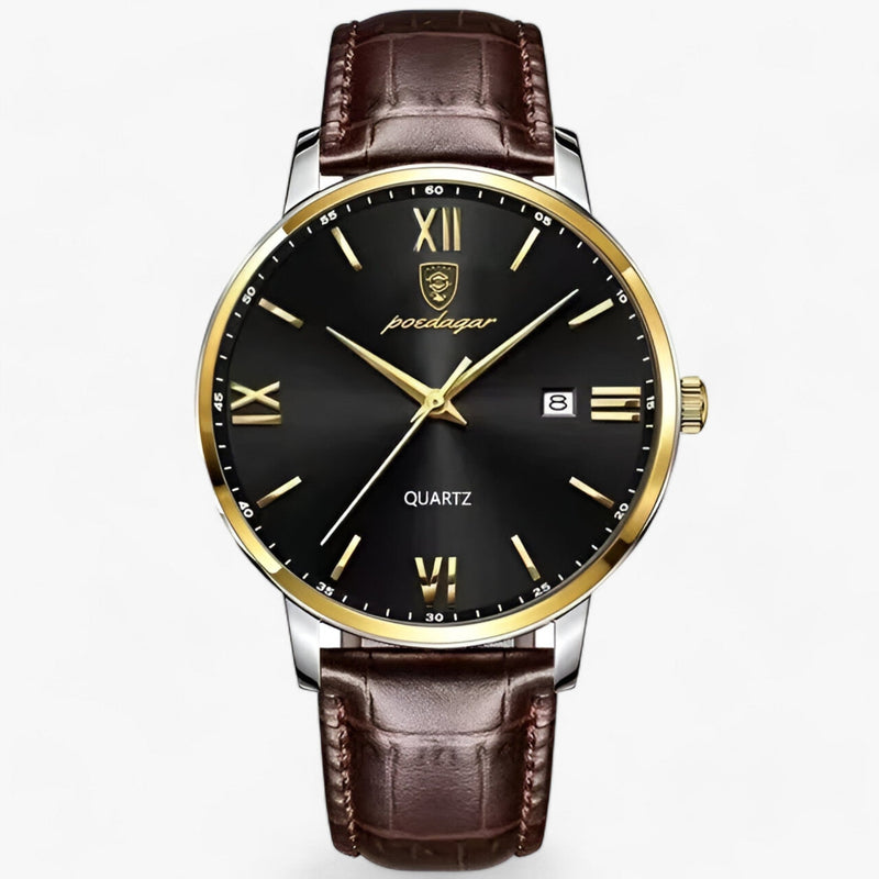 Herrenarmbanduhr | Lederband | Luxus | Rund | Römische Ziffern | Kalender-Gold Schwarz-Luzern Mode