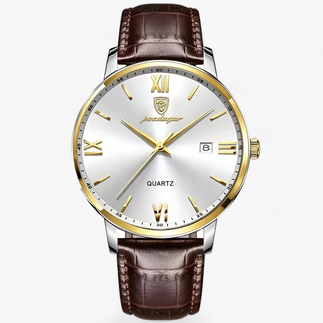Herrenarmbanduhr | Lederband | Luxus | Rund | Römische Ziffern | Kalender-Gold Weiß-Luzern Mode