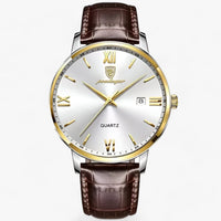 Herrenarmbanduhr | Lederband | Luxus | Rund | Römische Ziffern | Kalender-Gold Weiß-Luzern Mode