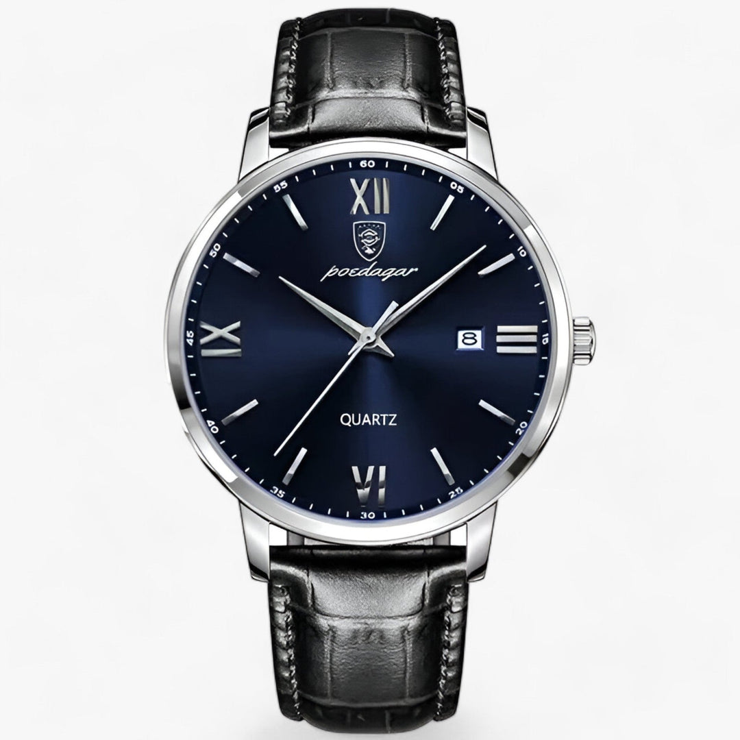 Herrenarmbanduhr | Lederband | Luxus | Rund | Römische Ziffern | Kalender-Silber Blau-Luzern Mode