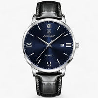 Herrenarmbanduhr | Lederband | Luxus | Rund | Römische Ziffern | Kalender-Silber Blau-Luzern Mode