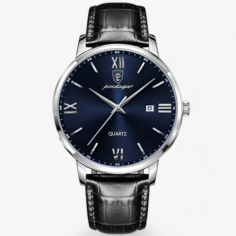 Herrenarmbanduhr | Lederband | Luxus | Rund | Römische Ziffern | Kalender-Silber Blau-Luzern Mode