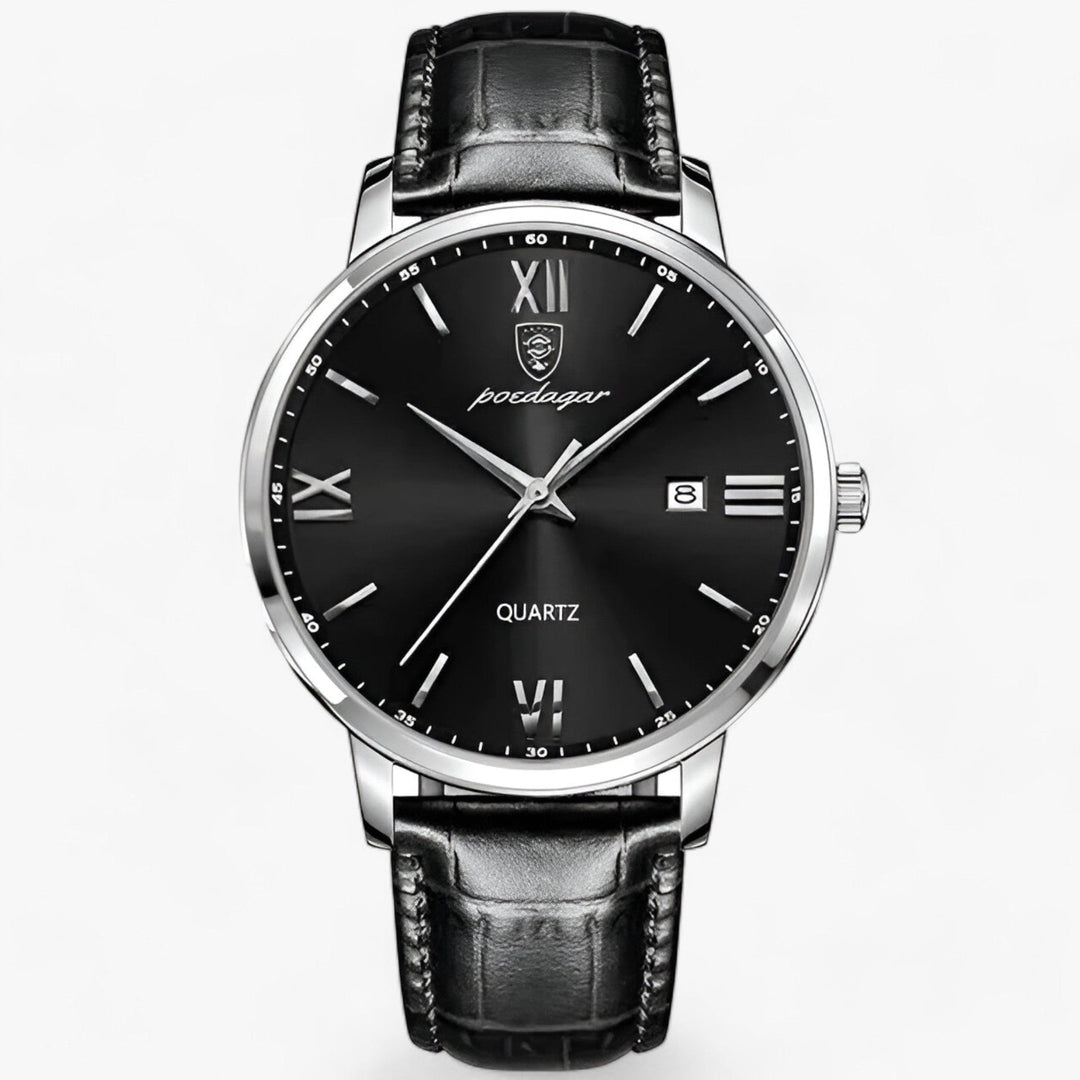 Herrenarmbanduhr | Lederband | Luxus | Rund | Römische Ziffern | Kalender-Silber Schwarz-Luzern Mode
