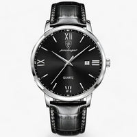 Herrenarmbanduhr | Lederband | Luxus | Rund | Römische Ziffern | Kalender-Silber Schwarz-Luzern Mode