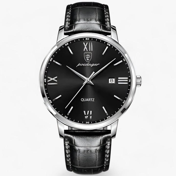 Herrenarmbanduhr | Lederband | Luxus | Rund | Römische Ziffern | Kalender-Silber Schwarz-Luzern Mode