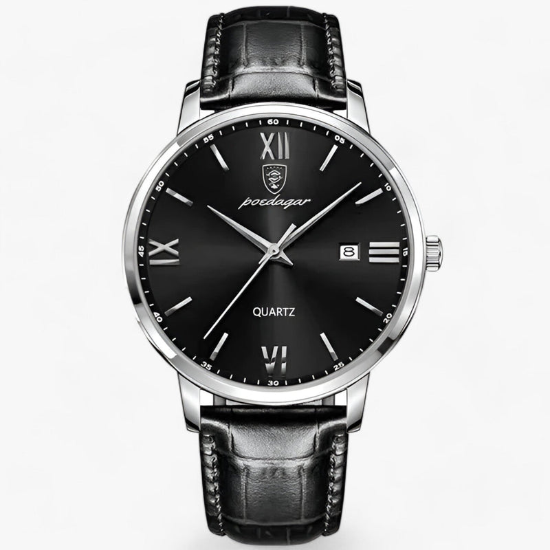 Herrenarmbanduhr | Lederband | Luxus | Rund | Römische Ziffern | Kalender-Silber Schwarz-Luzern Mode