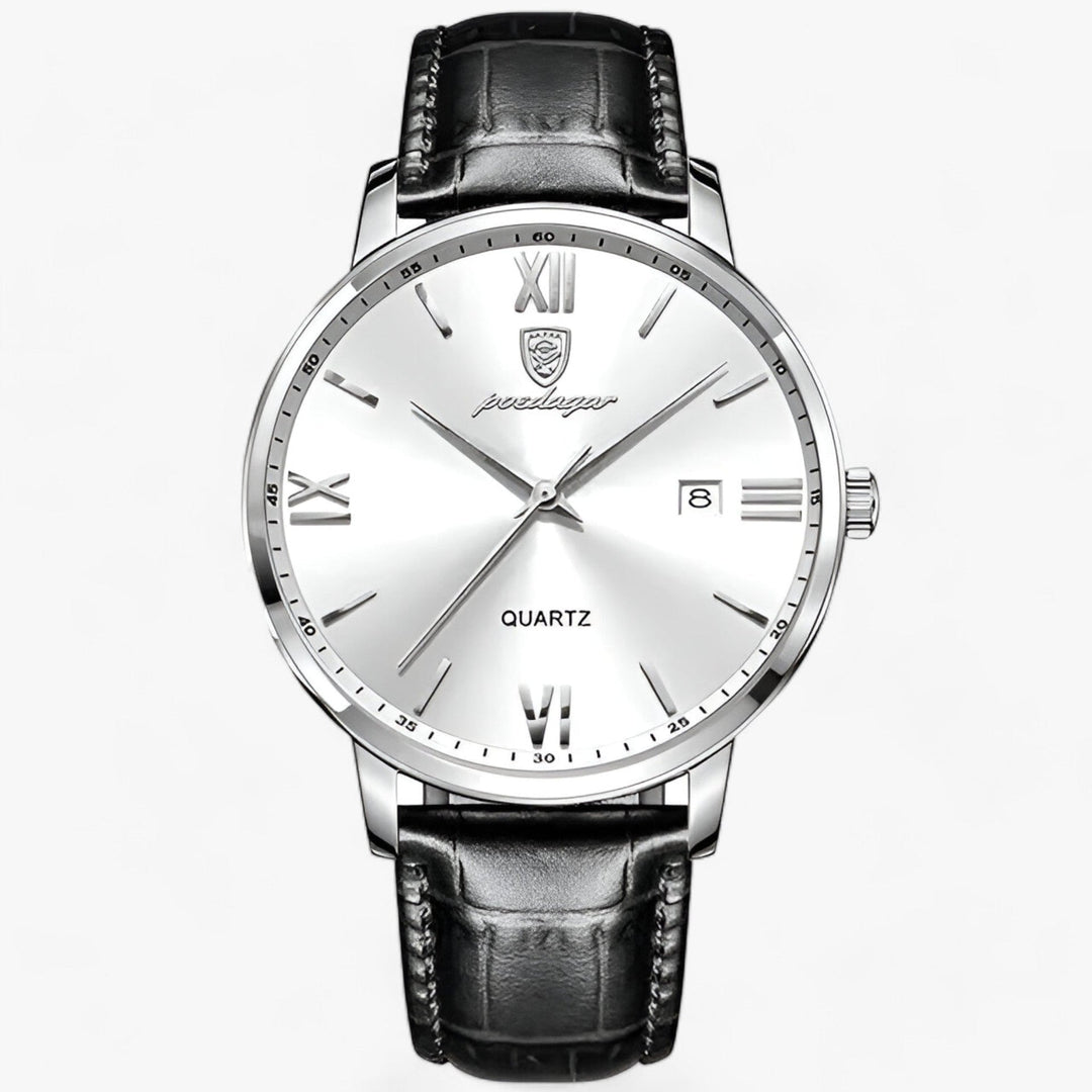Herrenarmbanduhr | Lederband | Luxus | Rund | Römische Ziffern | Kalender-Silber Weiß-Luzern Mode