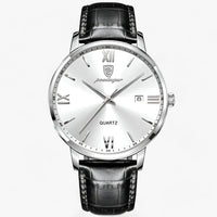 Herrenarmbanduhr | Lederband | Luxus | Rund | Römische Ziffern | Kalender-Silber Weiß-Luzern Mode