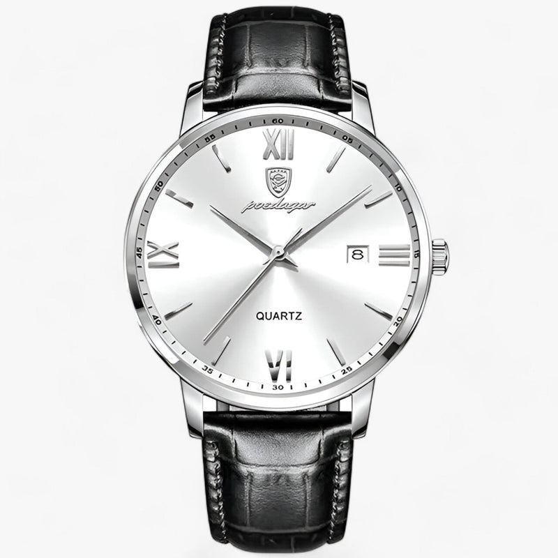 Herrenarmbanduhr | Lederband | Luxus | Rund | Römische Ziffern | Kalender-Silber Weiß-Luzern Mode