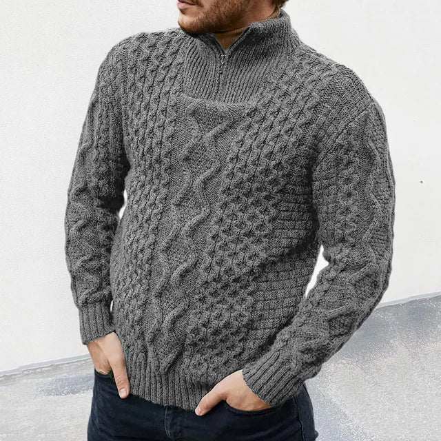 Herren Strickpullover mit Zopfmuster und Stehkragen-Grau-M-Luzern Mode