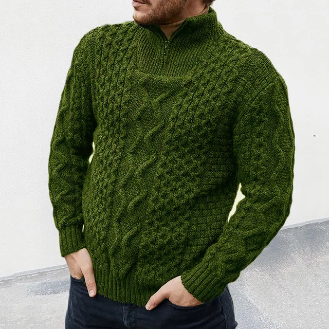 Herren Strickpullover mit Zopfmuster und Stehkragen-Grün-M-Luzern Mode