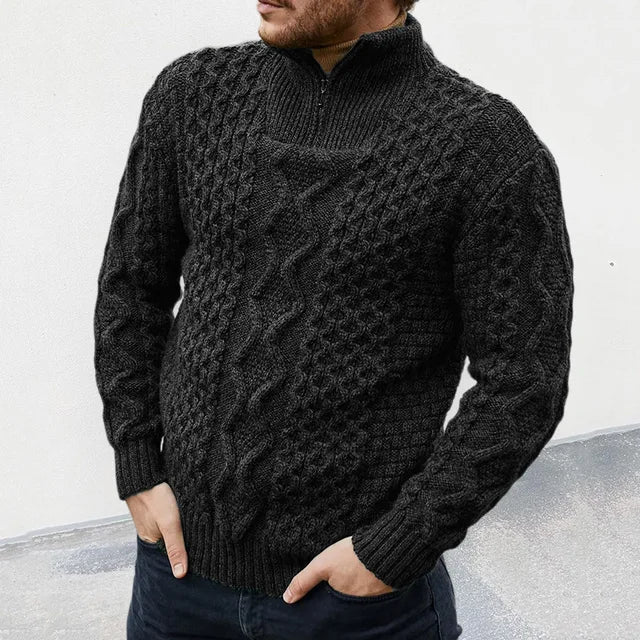 Herren Strickpullover mit Zopfmuster und Stehkragen-Schwarz-M-Luzern Mode