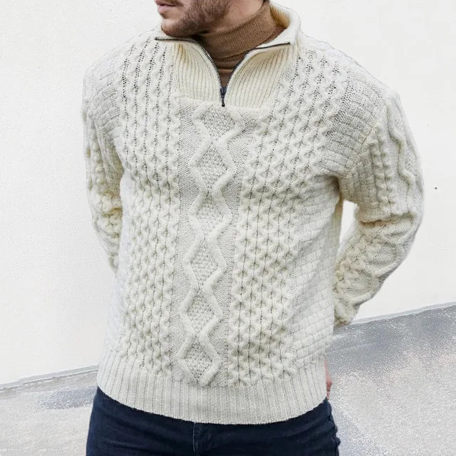 Herren Strickpullover mit Zopfmuster und Stehkragen-Weiß-M-Luzern Mode