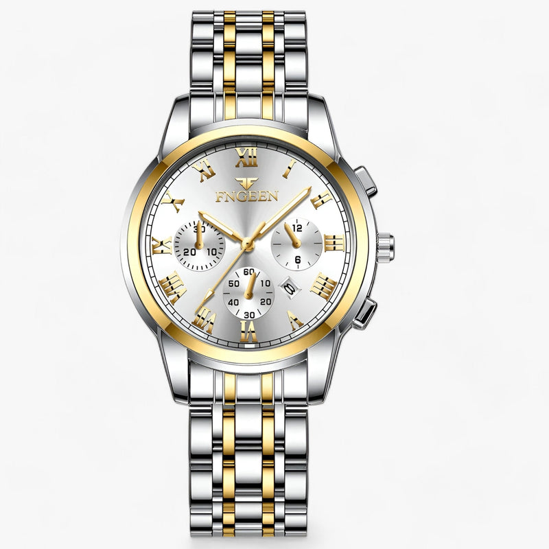 Luxus Herrenchronograph mit Edelstahlarmband und Datum-Gold Weiß-Luzern Mode