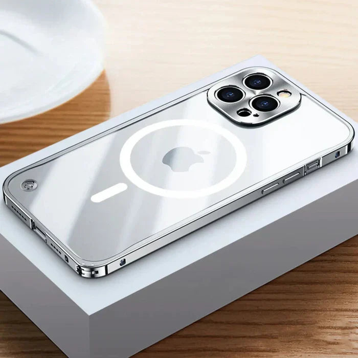 iPhone MagSafe Hülle | Magnetisch Stilvoll Metall Luxus Robust Haltbar-Silber-iPhone 15 Pro Max-Luzern Mode