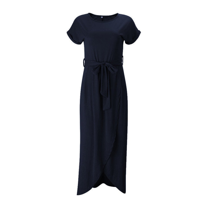 Grünes Sommer-Maxikleid | Schlitz | Kurze Ärmel | Schleife | Locker sitzend-Blau-S-Luzern Mode