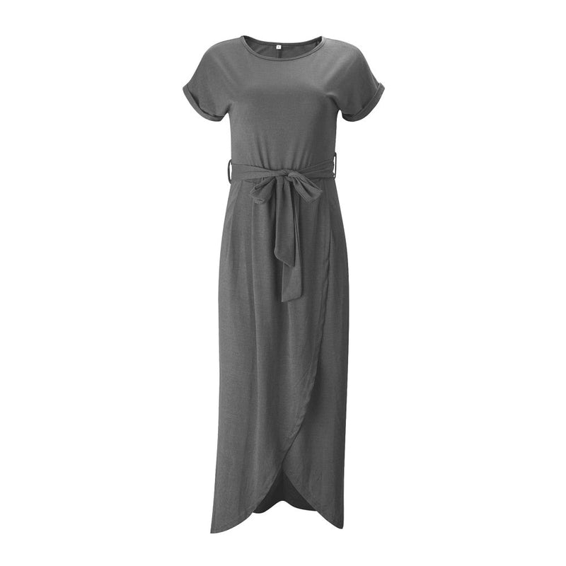 Grünes Sommer-Maxikleid | Schlitz | Kurze Ärmel | Schleife | Locker sitzend-Dunkelgrau-S-Luzern Mode