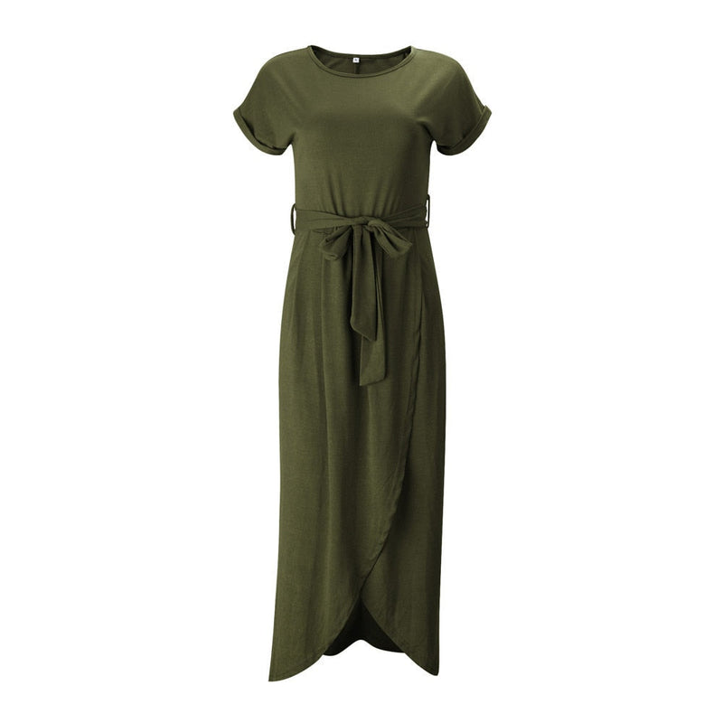 Grünes Sommer-Maxikleid | Schlitz | Kurze Ärmel | Schleife | Locker sitzend-Dunkelgrün-S-Luzern Mode