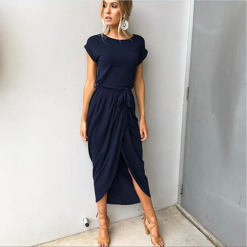 Grünes Sommer-Maxikleid | Schlitz | Kurze Ärmel | Schleife | Locker sitzend-Luzern Mode
