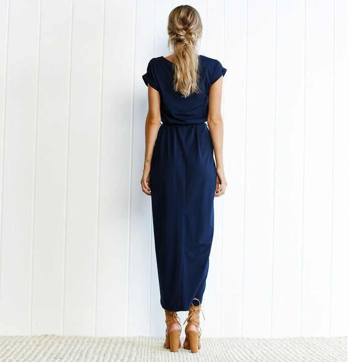 Grünes Sommer-Maxikleid | Schlitz | Kurze Ärmel | Schleife | Locker sitzend-Luzern Mode