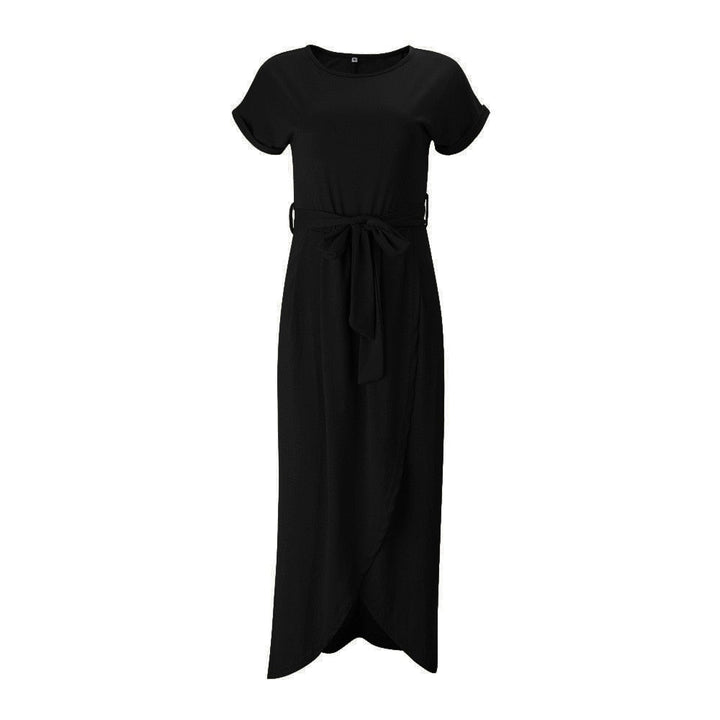 Grünes Sommer-Maxikleid | Schlitz | Kurze Ärmel | Schleife | Locker sitzend-Schwarz-S-Luzern Mode