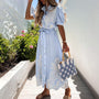 Maxi Kleid | Stickerei | Kurze Ärmel | V-Ausschnitt | Locker sitzend | Baumwolle-Himmelblau-S-Luzern Mode