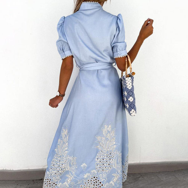Maxi Kleid | Stickerei | Kurze Ärmel | V-Ausschnitt | Locker sitzend | Baumwolle-Luzern Mode