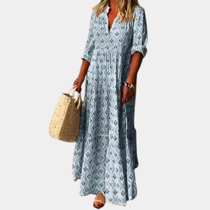 Damen Maxikleid mit Muster - Elegantes Sommerkleid Lang-Blau-S-Luzern Mode