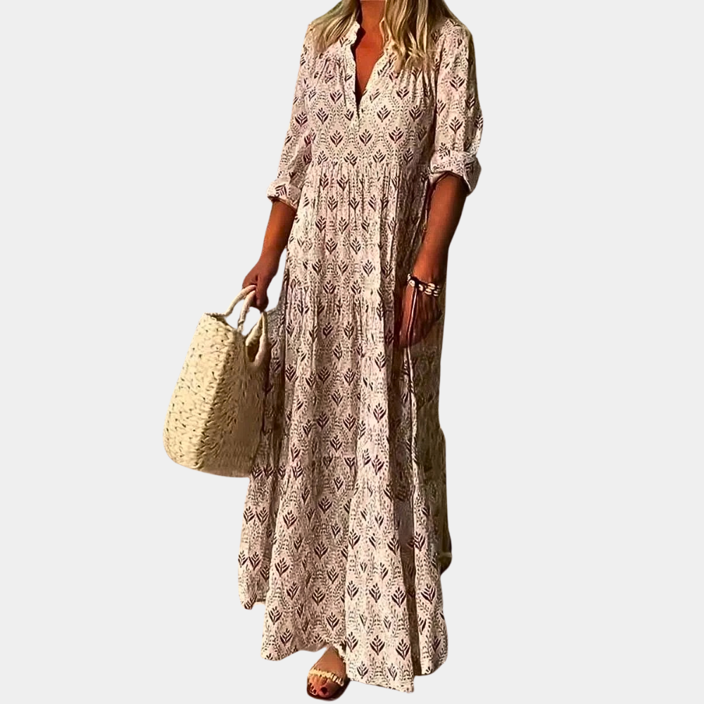 Damen Maxikleid mit Muster - Elegantes Sommerkleid Lang-Braun-S-Luzern Mode