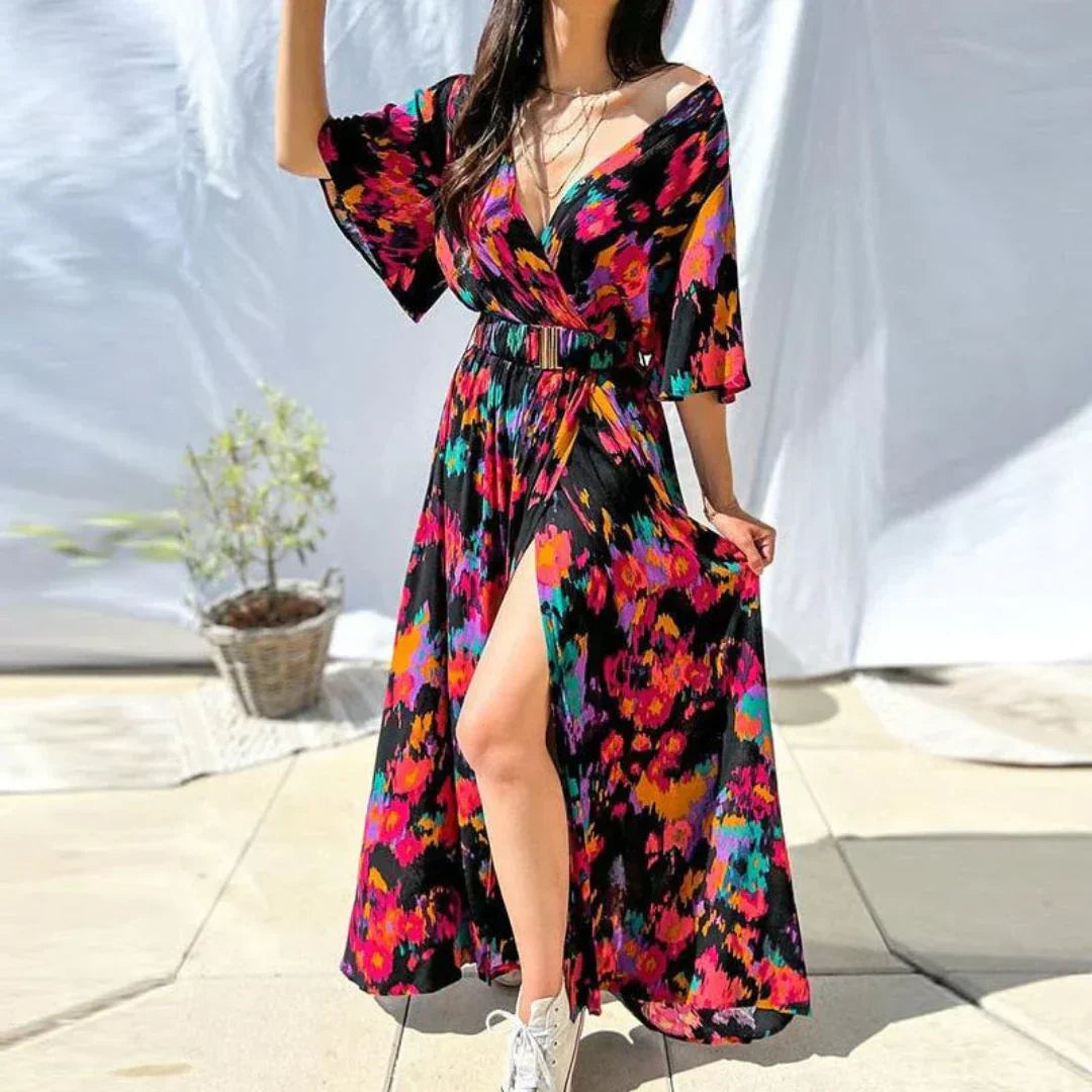 Boho Maxikleid Damen – Sommerkleid mit Blumenmuster-Rot-S-Luzern Mode