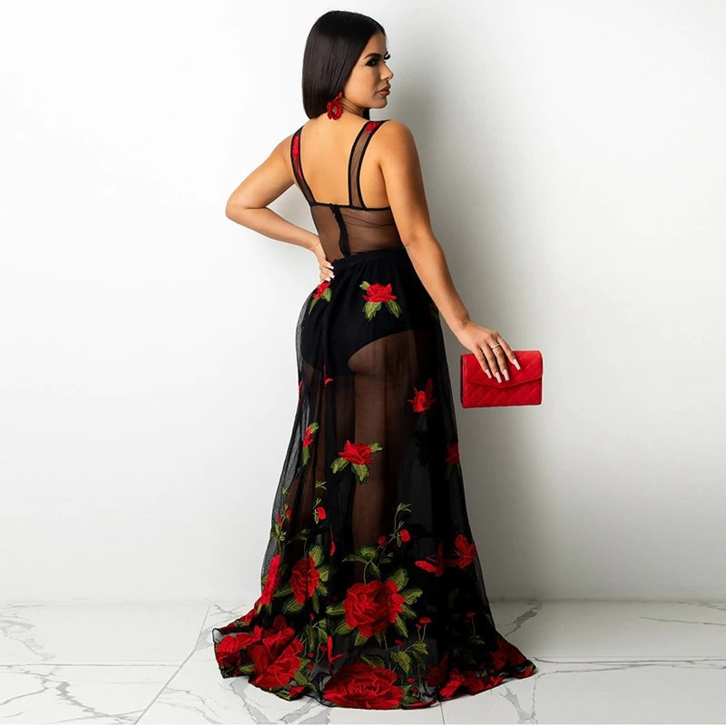 Maxikleid | Blumenstickerei | Spaghettiträgern | Empire Taille-Luzern Mode