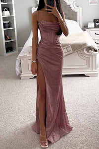 Elegantes Abendkleid mit hohem Schlitz für besondere Anlässe-Rosa-S-Luzern Mode
