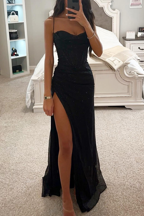 Elegantes Abendkleid mit hohem Schlitz für besondere Anlässe-Schwarz-S-Luzern Mode