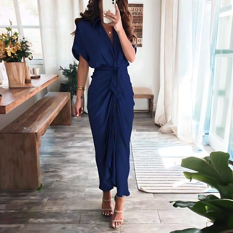 Luftiges Maxikleid für Damen | Rüschen Detail | tiefer V-Ausschnitt | Sommerlook-Dunkelblau-S-Luzern Mode