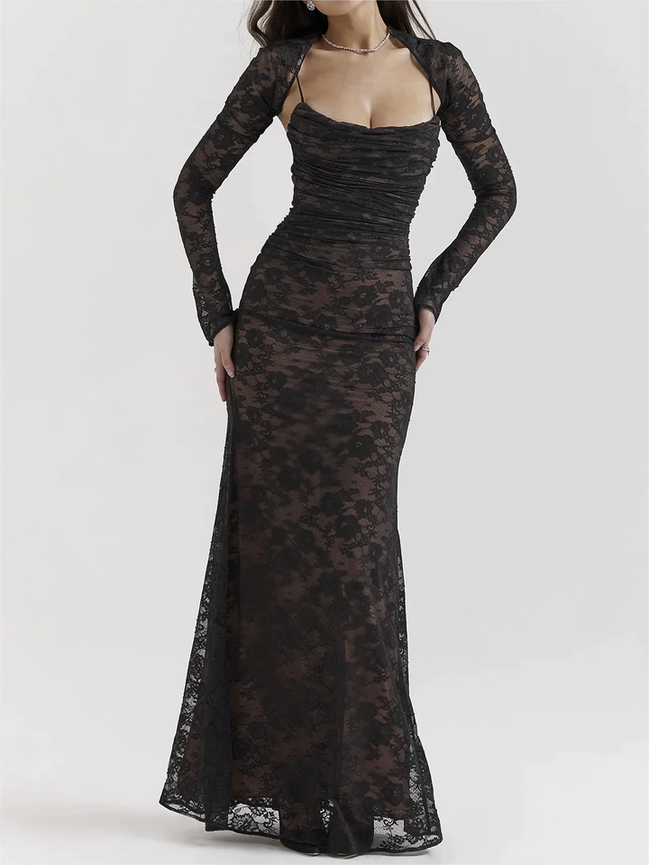 Elegantes Abendkleid mit Spitzenärmeln für Damen-Schwarz-XS-Luzern Mode