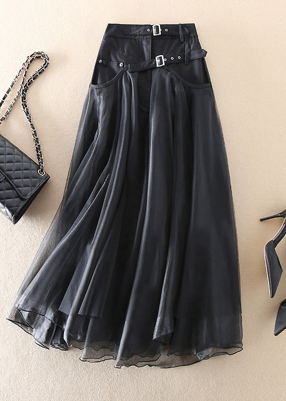 Damen Maxirock mit Lederbund und Falten-Design-Schwarz-S-Luzern Mode