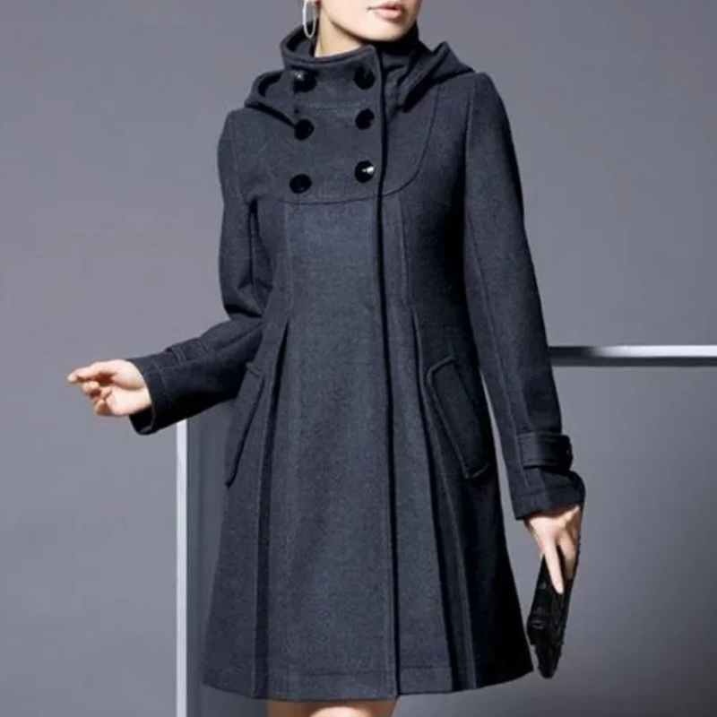 Damen Wollmantel mit Kapuze und Knöpfen - Wintermode-Grau-XS-Luzern Mode