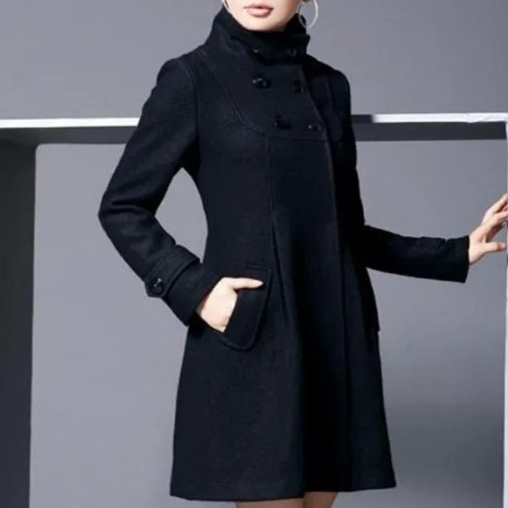 Damen Wollmantel mit Kapuze und Knöpfen - Wintermode-Schwarz-XS-Luzern Mode