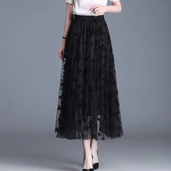 Damen Mesh Rock mit Blumenmuster - Eleganter Maxirock-Luzern Mode