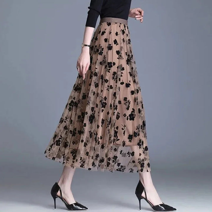 Damen Mesh Rock mit Blumenmuster - Eleganter Maxirock-Luzern Mode