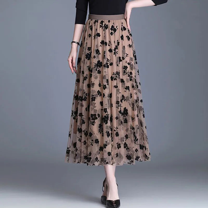 Damen Mesh Rock mit Blumenmuster - Eleganter Maxirock-Luzern Mode