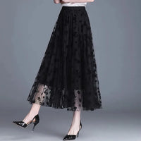 Damen Mesh Rock mit Blumenmuster - Eleganter Maxirock-Schwarz-S-Luzern Mode