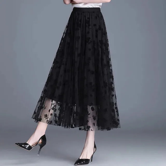 Damen Mesh Rock mit Blumenmuster - Eleganter Maxirock-Schwarz-S-Luzern Mode