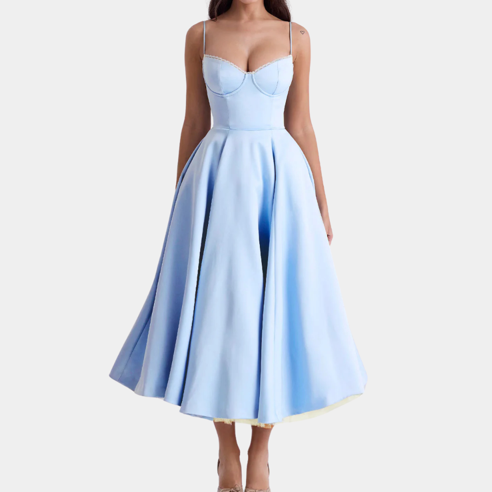 Elegantes Abendkleid mit Trägern und ausgestelltem Rock-Blau-2XS-Luzern Mode