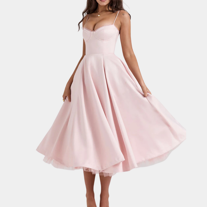 Elegantes Abendkleid mit Trägern und ausgestelltem Rock-Rosa-2XS-Luzern Mode