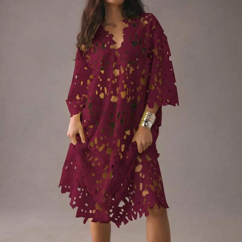 Spitzenkleid Damen Sommerkleid Elegant Freizeitkleid-Bordeauxrot-XS-Luzern Mode