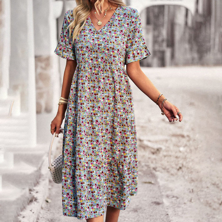 Blumenkleid Damen Midi mit Blumenmuster – Sommerkleid Elegant-Himmelblau-S-Luzern Mode