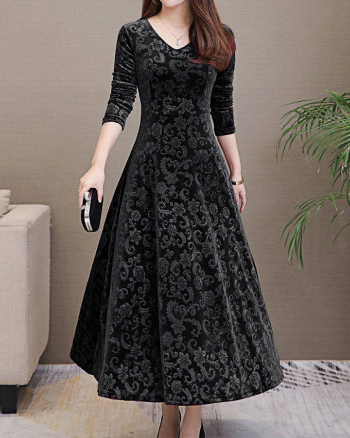 Elegantes Damen Abendkleid mit floralem Muster aus Samt-Schwarz-M-Luzern Mode