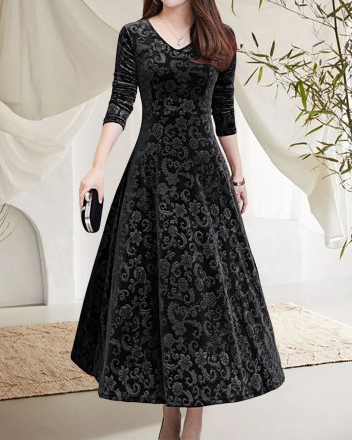 Elegantes Damen Abendkleid mit floralem Muster aus Samt-Luzern Mode