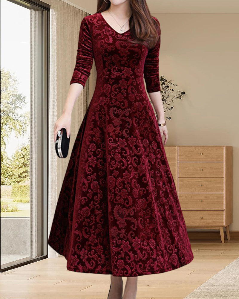 Elegantes Damen Abendkleid mit floralem Muster aus Samt-Luzern Mode
